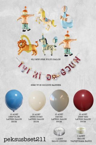 Sirk Konsept Doğum Günü Balon Zinciri Seti Bannerlı