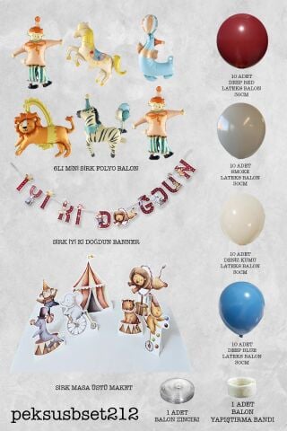 Sirk Tema Doğum Günü Lüks Balon Zinciri Seti Bannerlı Masa Üstü Panolu Süsleme Seti