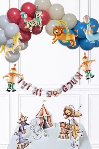 Sirk Tema Doğum Günü Lüks Balon Zinciri Seti Bannerlı Masa Üstü Panolu Süsleme Seti