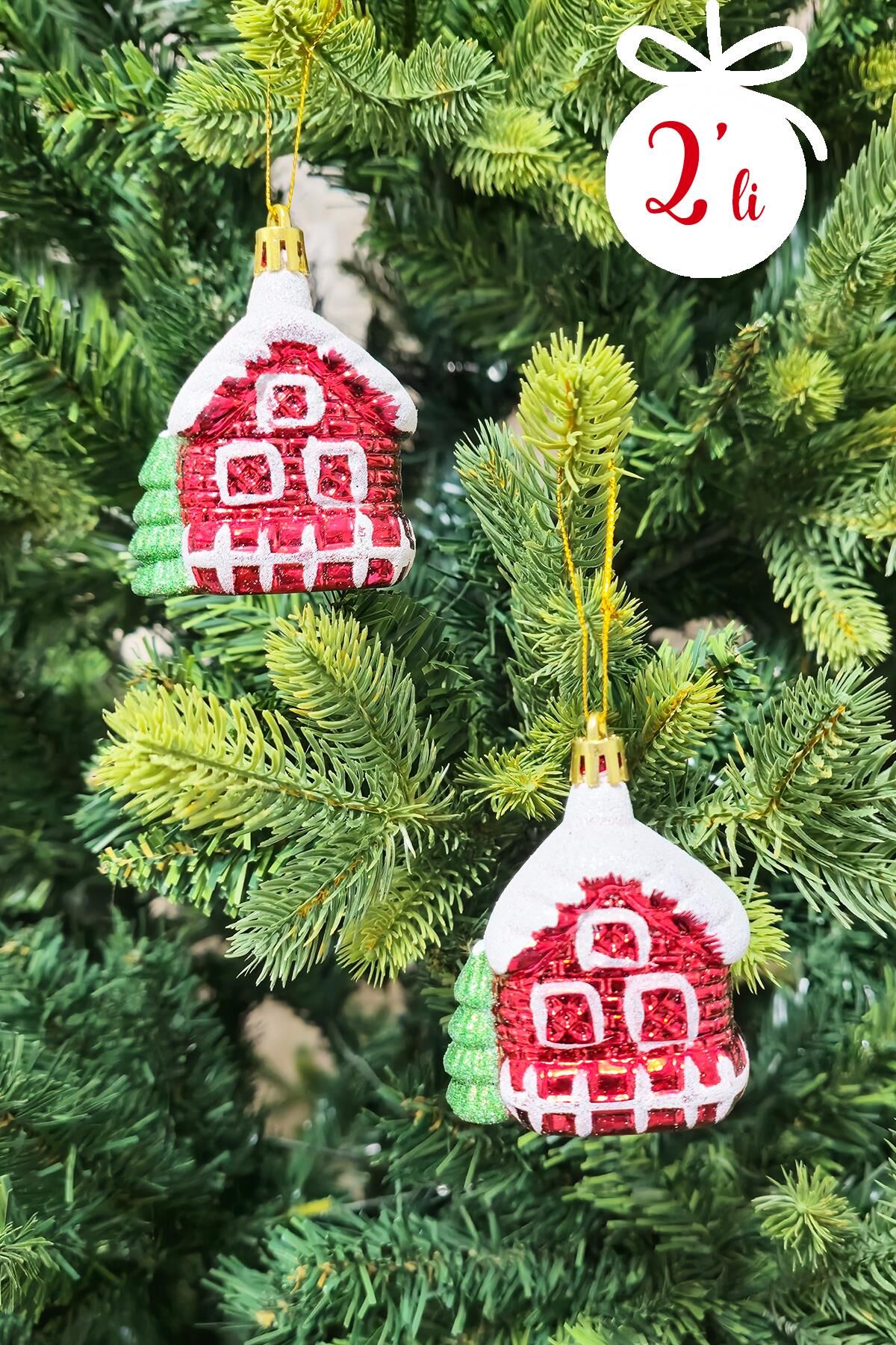 2li Karlı Ev Yılbaşı Ağaç Süsü Çam Ağacı Süsü Çam Ağaçlı Yılbaşı Evi 2li Paket