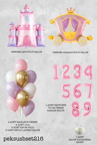 Prenses Tema Doğum Günü Balon Seti Gold Pembe Lila Balon Demetli