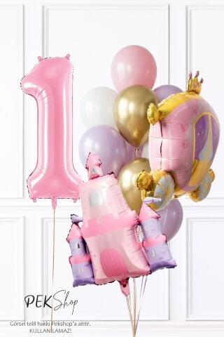Prenses Tema Doğum Günü Balon Seti Gold Pembe Lila Balon Demetli