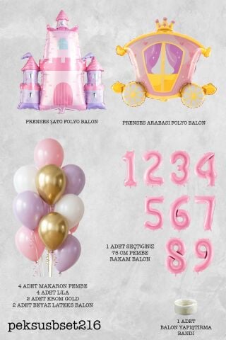 Prenses Tema Doğum Günü Balon Seti Gold Pembe Lila Balon Demetli