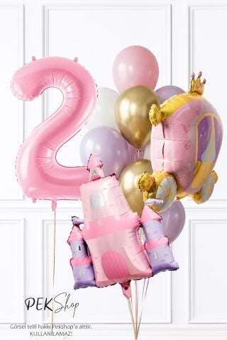 Prenses Tema Doğum Günü Balon Seti Gold Pembe Lila Balon Demetli