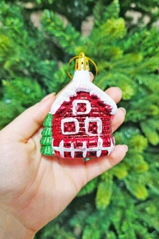 Karlı Ev Yılbaşı Ağaç Süsü Çam Ağacı Süsü Tekli Çam Ağaçlı Yılbaşı Evi Tekli