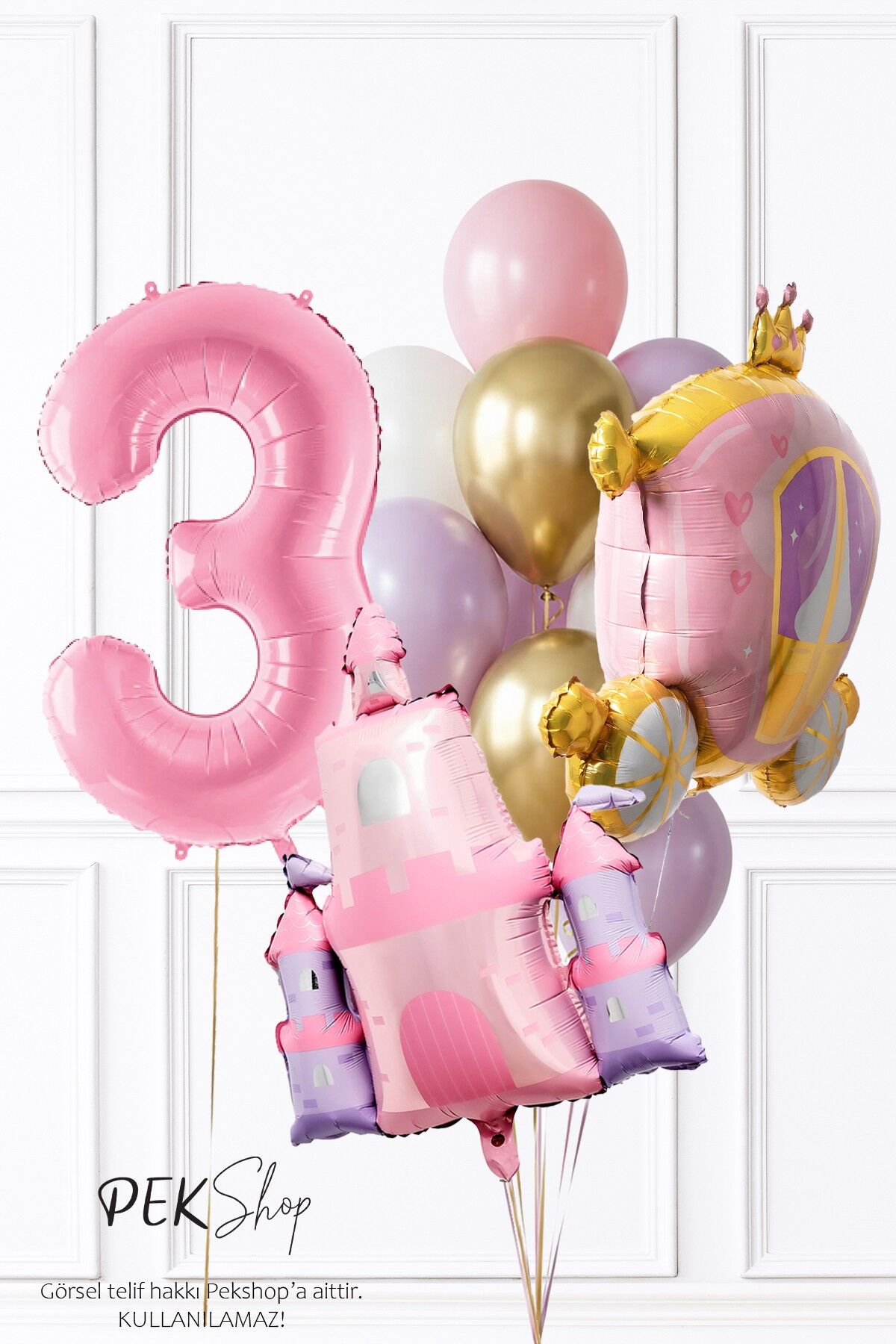 Prenses Tema Doğum Günü Balon Seti Gold Pembe Lila Balon Demetli 3