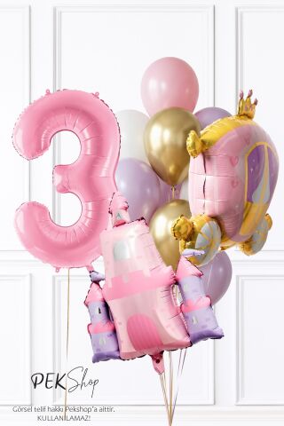 Prenses Tema Doğum Günü Balon Seti Gold Pembe Lila Balon Demetli 3