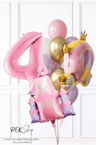 Prenses Tema Doğum Günü Balon Seti Gold Pembe Lila Balon Demetli 4