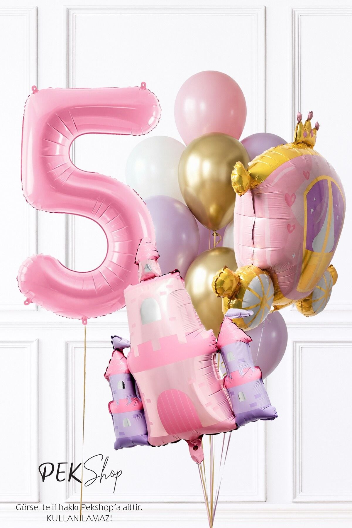 Prenses Tema Doğum Günü Balon Seti Gold Pembe Lila Balon Demetli 5