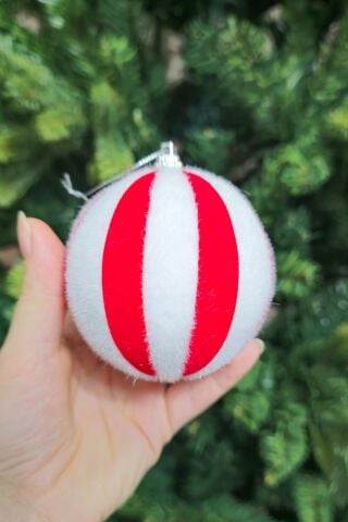 3lü Büyük Kırmızı Beyaz Tüylü Lüks Top Yılbaşı Ağaç Süsü Yuvarlak Lüks Çam Ağacı Süsü 3lü Paket