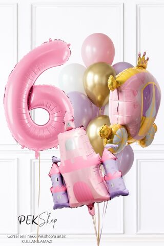Prenses Tema Doğum Günü Balon Seti Gold Pembe Lila Balon Demetli 6