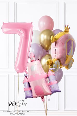 Prenses Tema Doğum Günü Balon Seti Gold Pembe Lila Balon Demetli 7