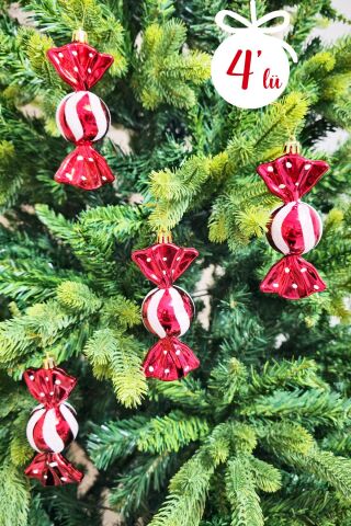 4lü Fiyonk Şeker Süs Yılbaşı Ağaç Süsü Paketli Şeker Lüks Çam Ağacı Süsü 4lü Paket