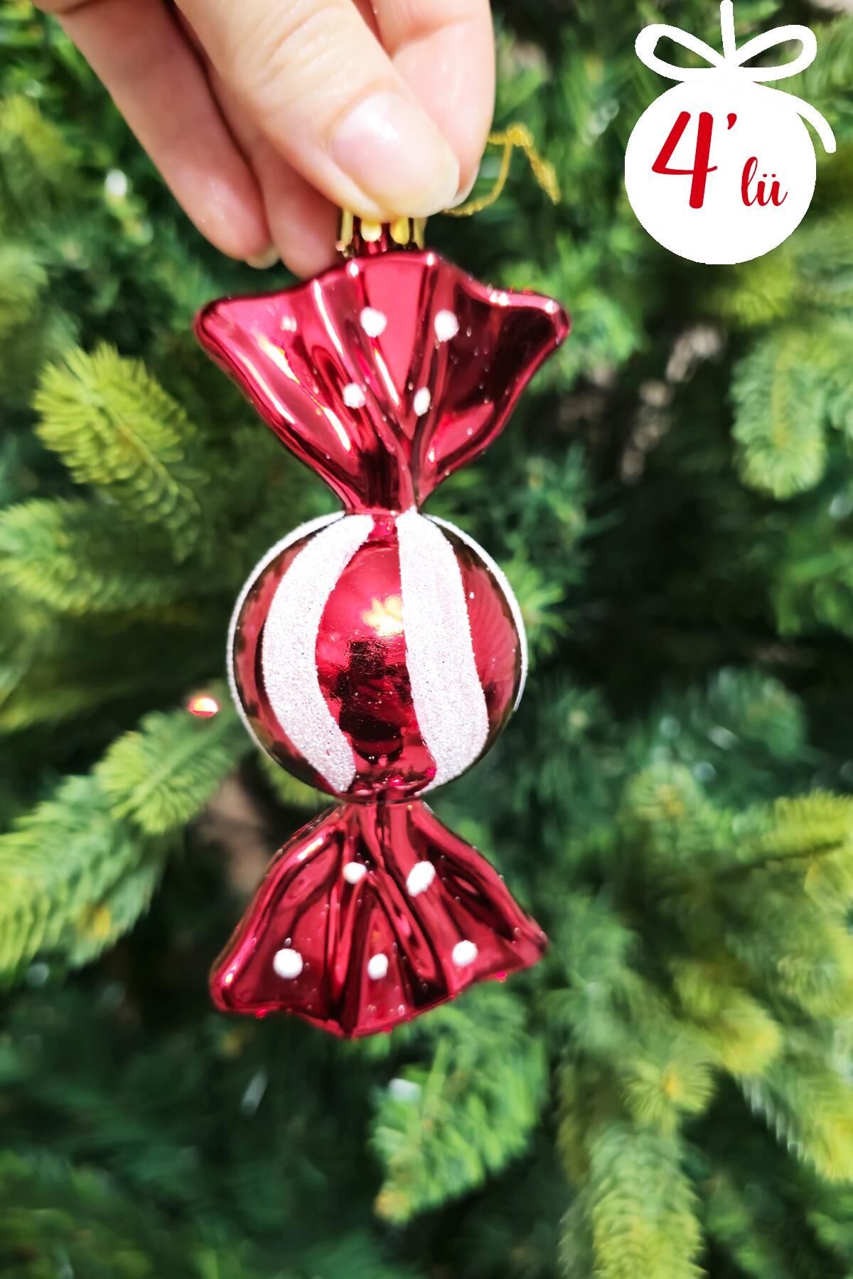 4lü Fiyonk Şeker Süs Yılbaşı Ağaç Süsü Paketli Şeker Lüks Çam Ağacı Süsü 4lü Paket