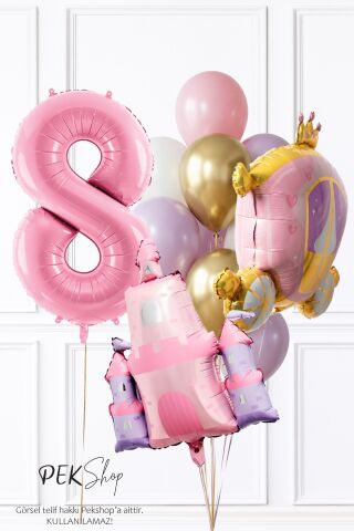 Prenses Tema Doğum Günü Balon Seti Gold Pembe Lila Balon Demetli 8