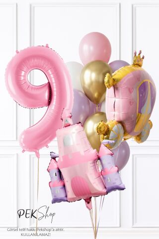Prenses Tema Doğum Günü Balon Seti Gold Pembe Lila Balon Demetli 9