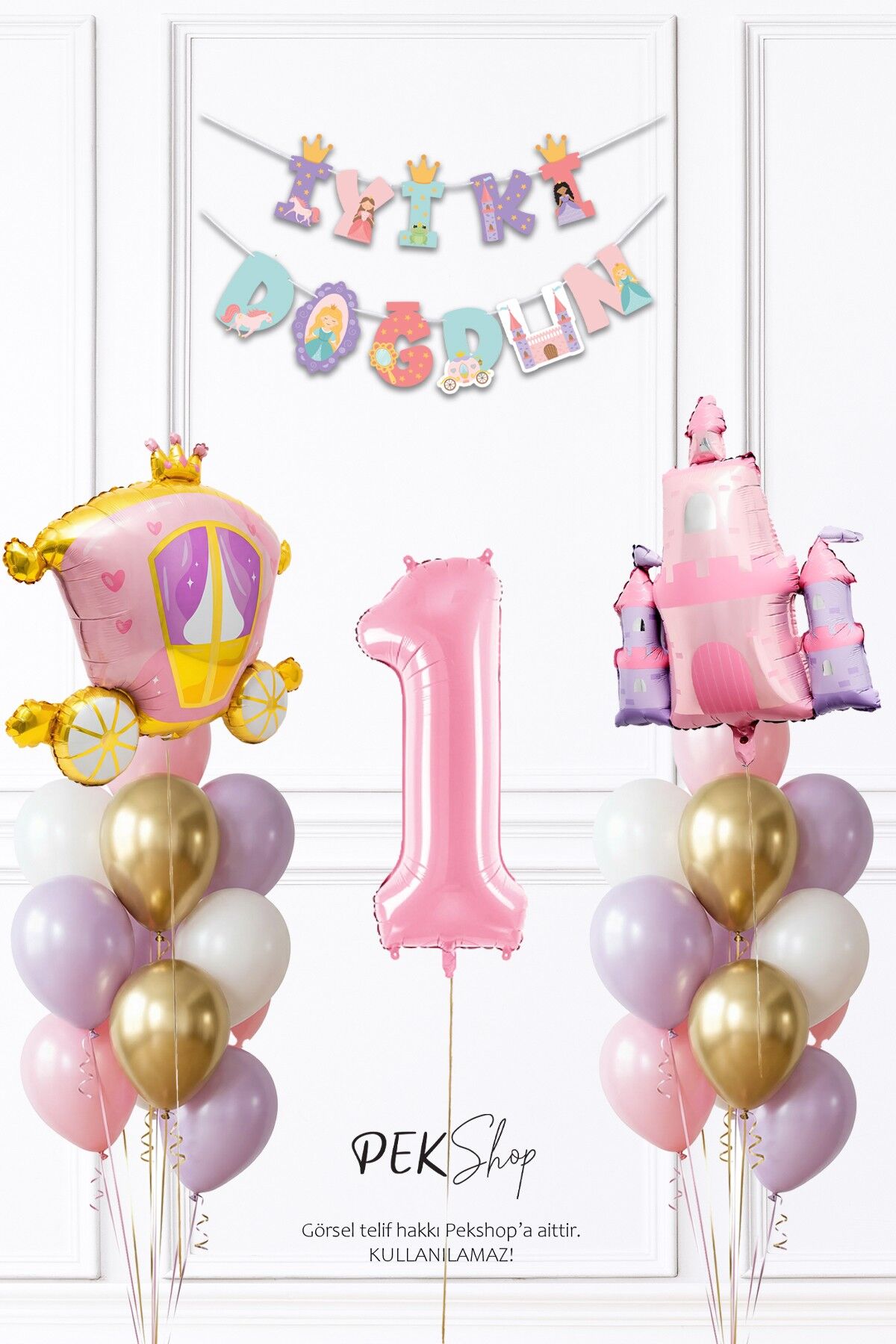 Prenses Konsept Doğum Günü Bannerlı Folyo Balonlu Balon Zinciri Seti 1