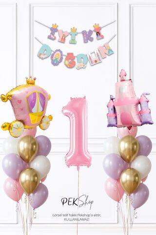 Prenses Konsept Doğum Günü Bannerlı Folyo Balonlu Balon Zinciri Seti 1