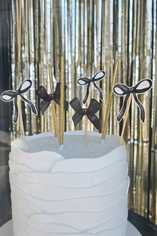 Siyah Fiyonk Konsept Pasta Süsleri Seti Pasta Mumu ve Pasta Kürdanları Süsleme Seti 8 Parça