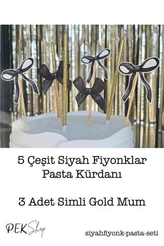 Siyah Fiyonk Konsept Pasta Süsleri Seti Pasta Mumu ve Pasta Kürdanları Süsleme Seti 8 Parça