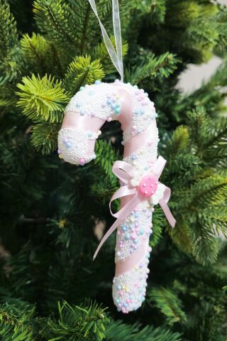 Makaron Renkler Baston Şeker Yılbaşı Ağaç Süsü Makaron Şekerli Kurdeleli Lüks Baston Şeker Çam Ağacı Süsü 18cm