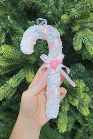 Makaron Renkler Baston Şeker Yılbaşı Ağaç Süsü Makaron Şekerli Kurdeleli Lüks Baston Şeker Çam Ağacı Süsü 18cm