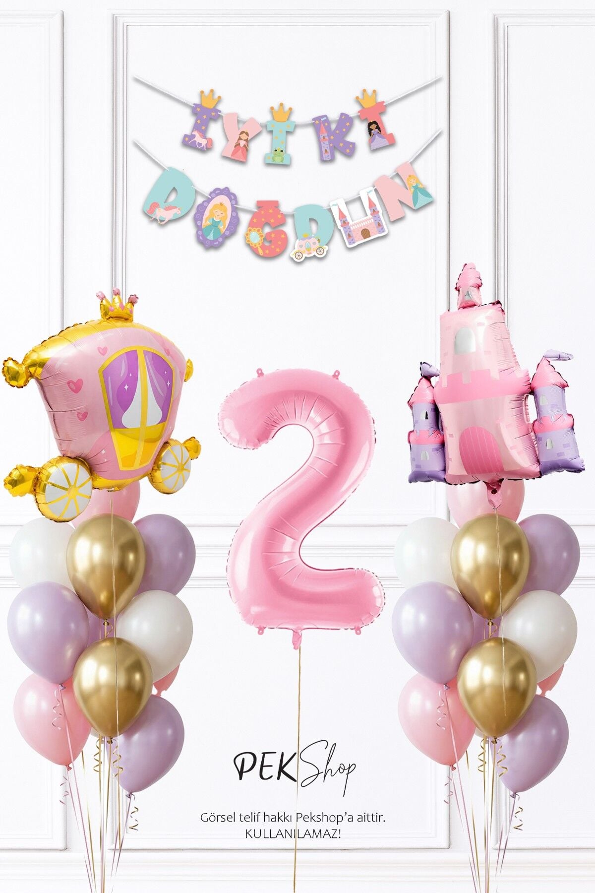 Prenses Konsept Doğum Günü Bannerlı Folyo Balonlu Balon Zinciri Seti 2