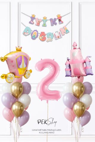 Prenses Konsept Doğum Günü Bannerlı Folyo Balonlu Balon Zinciri Seti 2