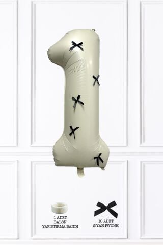 Siyah Fiyonklu Retro Krem Rakam Balon 80 cm Siyah Kurdeleli