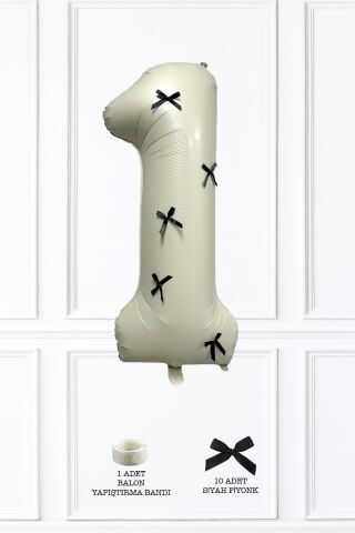 Siyah Fiyonklu Retro Krem Rakam Balon 80 cm Siyah Kurdeleli