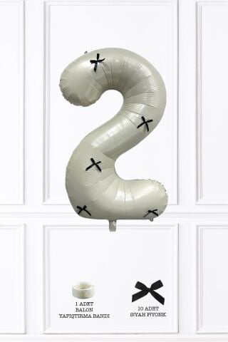 Siyah Fiyonklu Retro Krem Rakam Balon 80 cm Siyah Kurdeleli