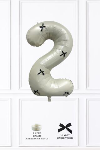 Siyah Fiyonklu Retro Krem Rakam Balon 80 cm Siyah Kurdeleli