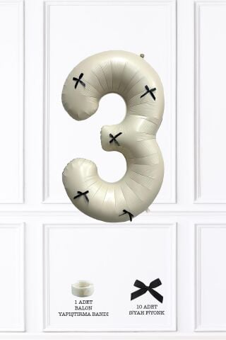 Siyah Fiyonklu Retro Krem Rakam Balon 80 cm Siyah Kurdeleli