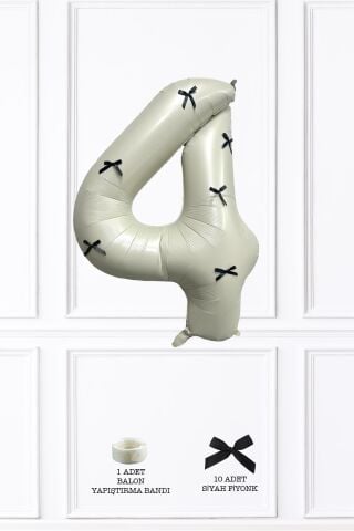 Siyah Fiyonklu Retro Krem Rakam Balon 80 cm Siyah Kurdeleli
