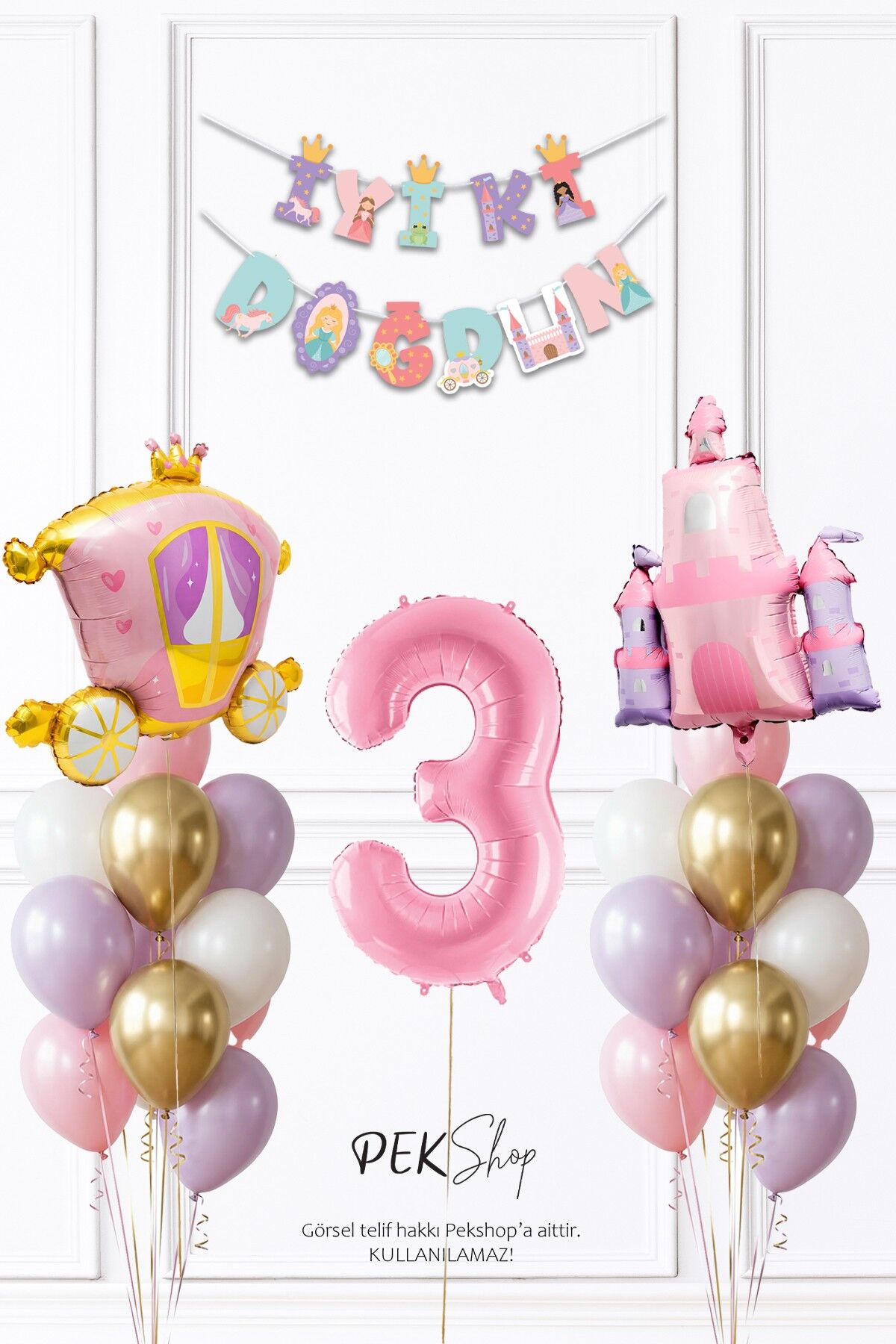 Prenses Konsept Doğum Günü Bannerlı Folyo Balonlu Balon Zinciri Seti 3