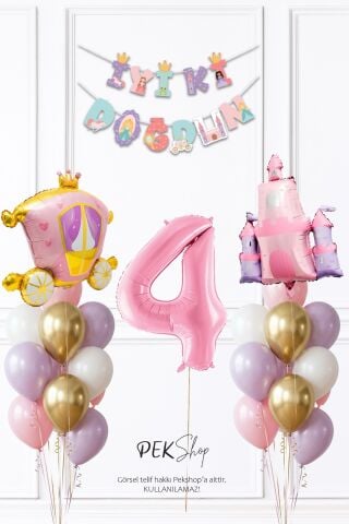 Prenses Konsept Doğum Günü Bannerlı Folyo Balonlu Balon Zinciri Seti 4