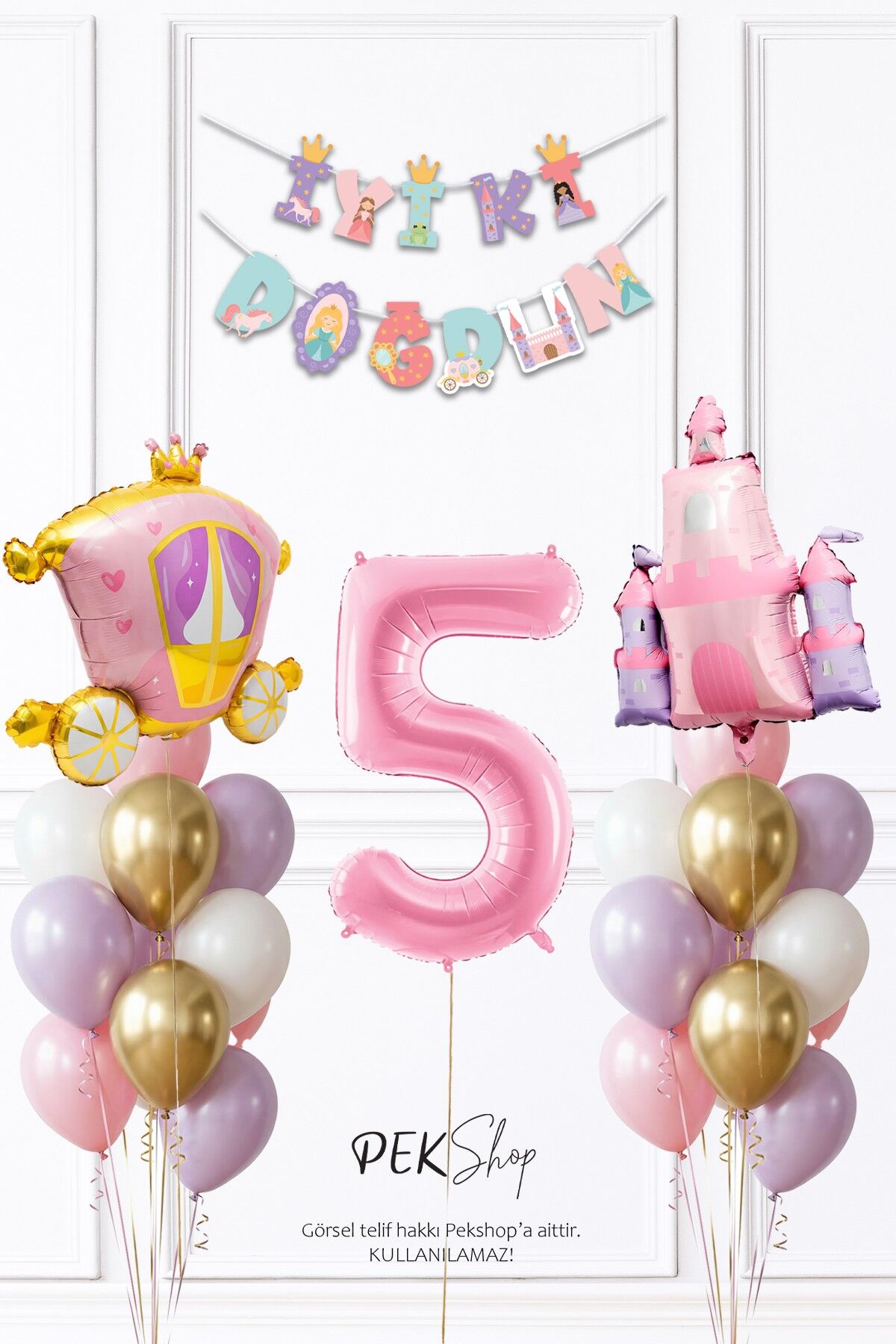 Prenses Konsept Doğum Günü Bannerlı Folyo Balonlu Balon Zinciri Seti 5