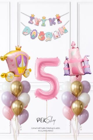 Prenses Konsept Doğum Günü Bannerlı Folyo Balonlu Balon Zinciri Seti 5