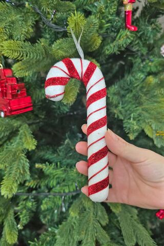 Baston Şeker Süs Uzun Parlak Kırmızı Beyaz Baston Şeker Yılbaşı Ağaç Süsü 17cm