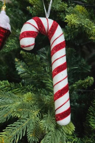 Baston Şeker Süs Uzun Parlak Kırmızı Beyaz Baston Şeker Yılbaşı Ağaç Süsü 17cm