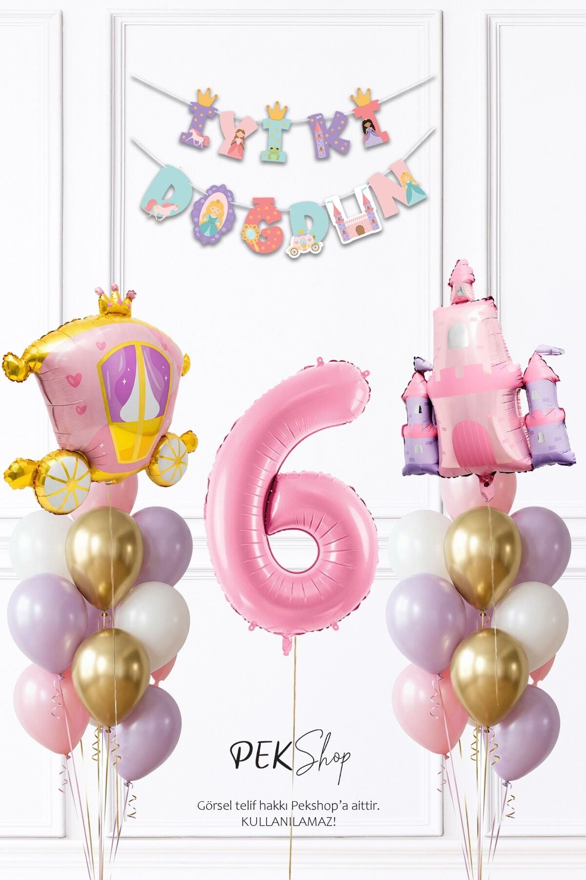 Prenses Konsept Doğum Günü Bannerlı Folyo Balonlu Balon Zinciri Seti 6