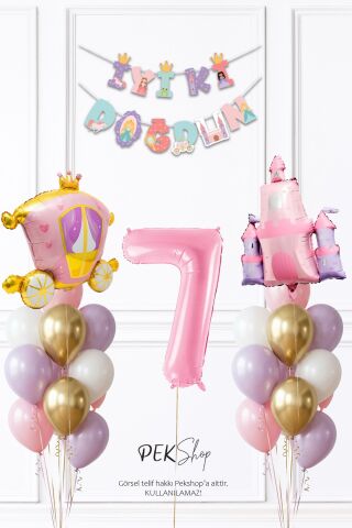 Prenses Konsept Doğum Günü Bannerlı Folyo Balonlu Balon Zinciri Seti 7