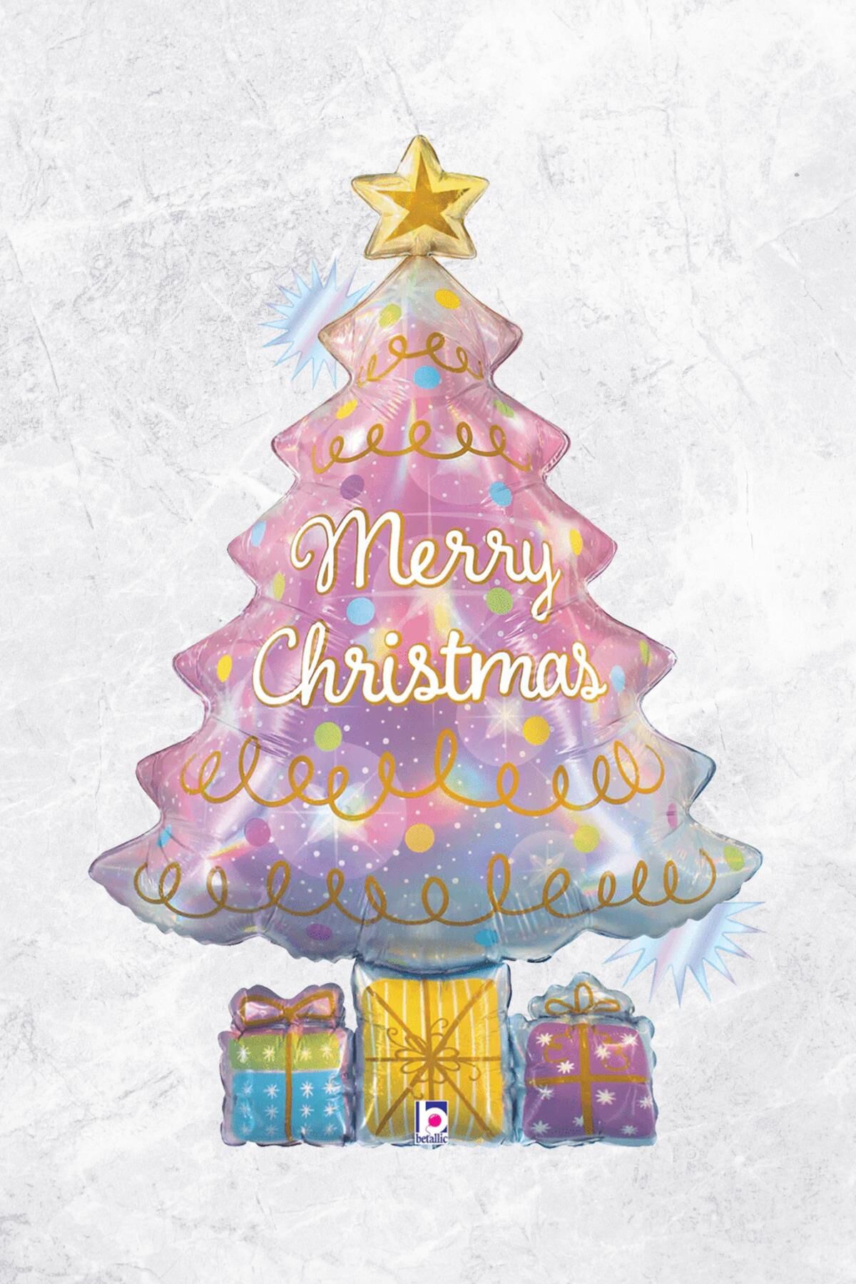 Pembe Yılbaşı Ağacı Folyo Balon - Yılbaşı Süsleme Balonları