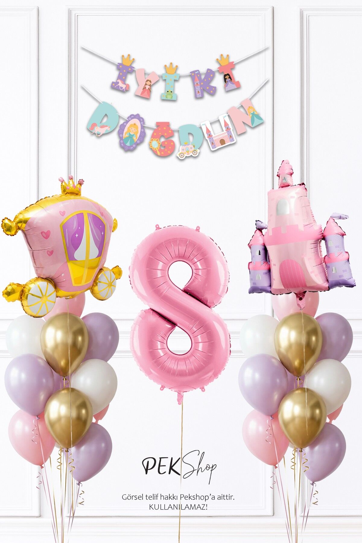 Prenses Konsept Doğum Günü Bannerlı Folyo Balonlu Balon Zinciri Seti 8