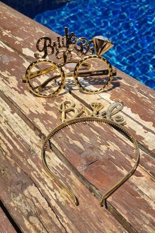 Bride Taç ve Gözlük Seti Bride To Be Taç Gözlük Plastik Set GOLD