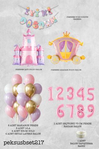 Prenses Konsept Doğum Günü Bannerlı Folyo Balonlu Balon Zinciri Seti 9