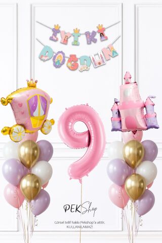 Prenses Konsept Doğum Günü Bannerlı Folyo Balonlu Balon Zinciri Seti 9