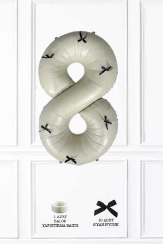 Siyah Fiyonklu Retro Krem Rakam Balon 80 cm Siyah Kurdeleli 8
