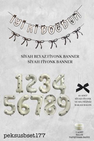 Siyah Fiyonk Konsept Banner ve Yaş Balonlu Doğum Günü Balon Seti