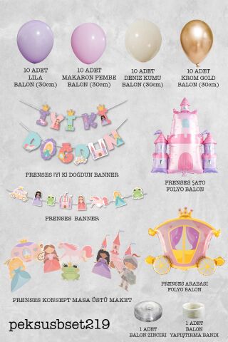 Prenses Tema Doğum Günü Lüks Set Balon Zinciri ve Masa Süsleri Seti - Set219